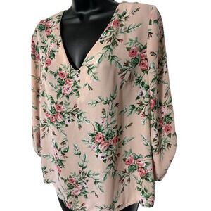 OLM Floral Blouse Peach Pink Roses‎ Print V Neck 3/4 Sleeve Casual Top